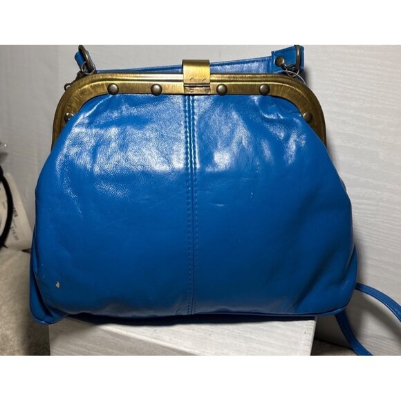 Vera Pelle Purse Italian Blue Leather Frame Bag Brass Hardware Strap Vtg READ - Picture 3 of 16